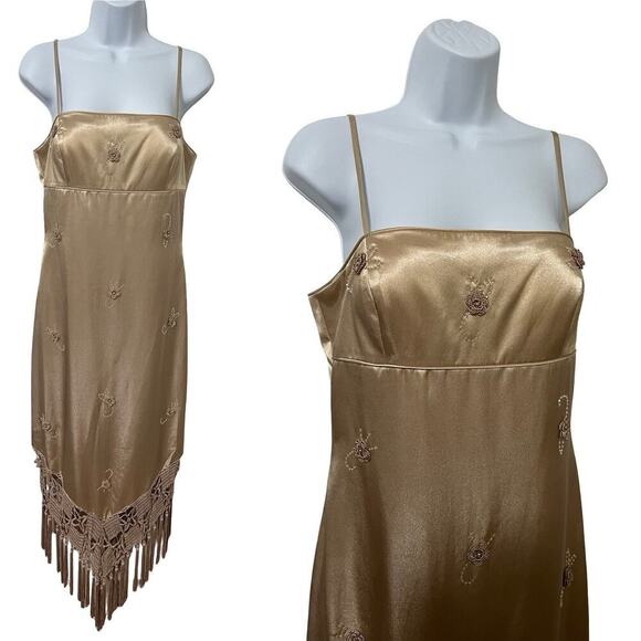 VTG Cache Satin Macrame Fringe Beaded Midi Dress Size 8 Formal Event Y2K Fairy - Picture 1 of 11